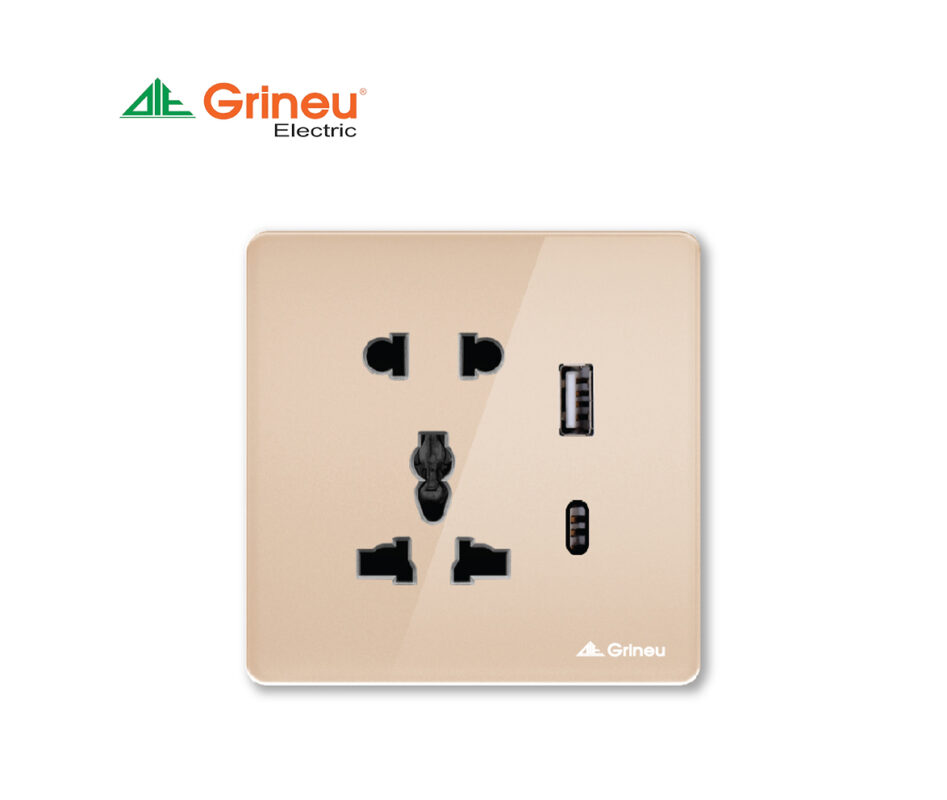 Mặt ổ cắm đa năng 20A 2 cổng USB Grineu – Mặt kính