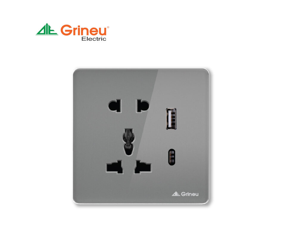 Mặt ổ cắm đa năng 20A 2 cổng USB Grineu – Mặt kính